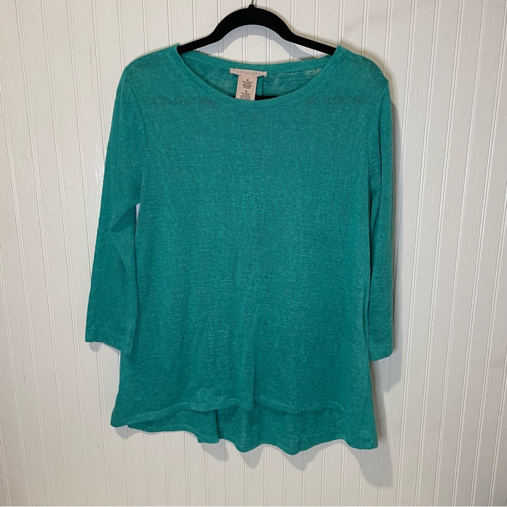Philosophy‎ Lightweight Sweater Top Medium Green Hi/Low 3/4 Sleeves Semi Sheer M